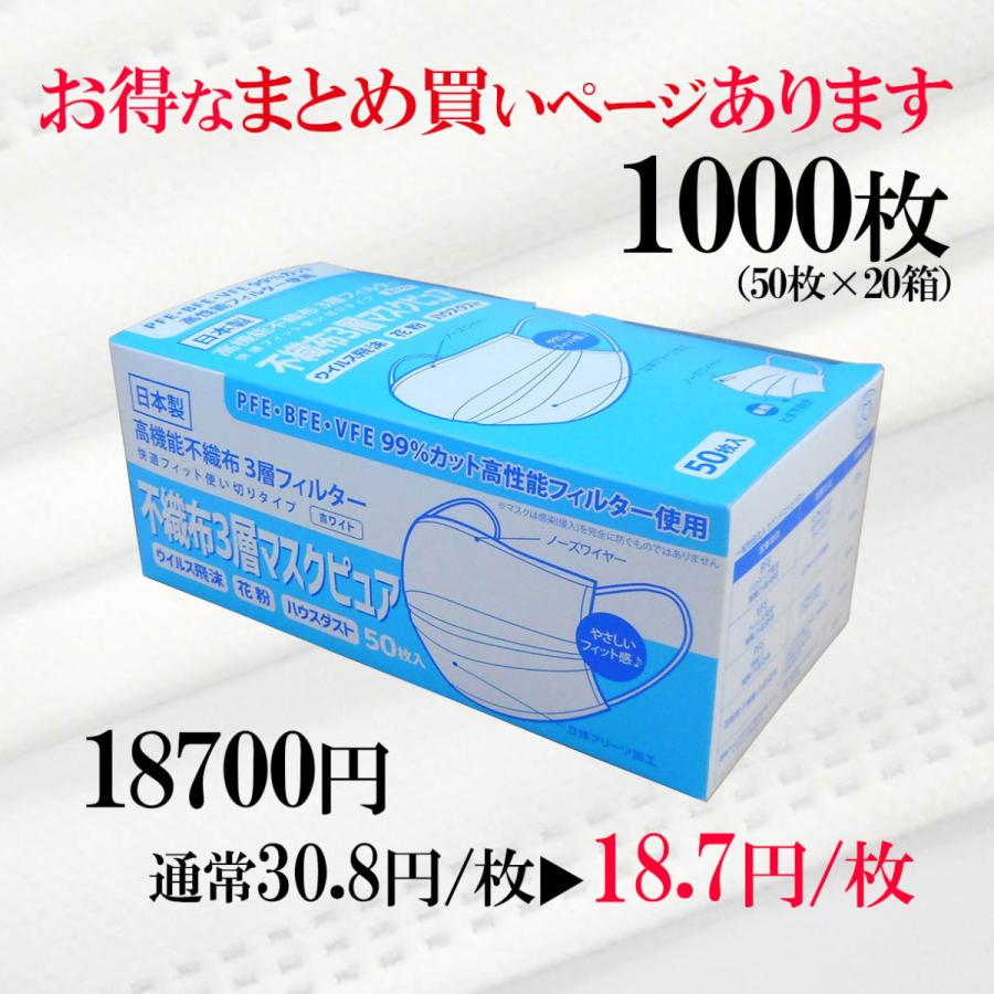 100枚 不織布 マスク ピュア 日本製 立体 プリーツ 呼吸しやすい 耳が