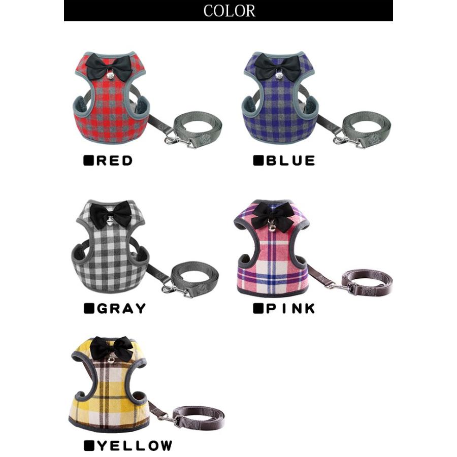 犬 猫 ハーネス リード付 ペット 服 リボン チェック 蝶ネクタイ 胴輪