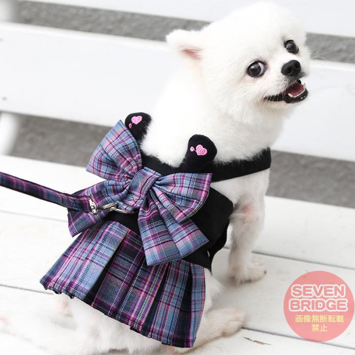 犬 ハーネス リード 付 ドレス リボン チェック 2カラー ウェア
