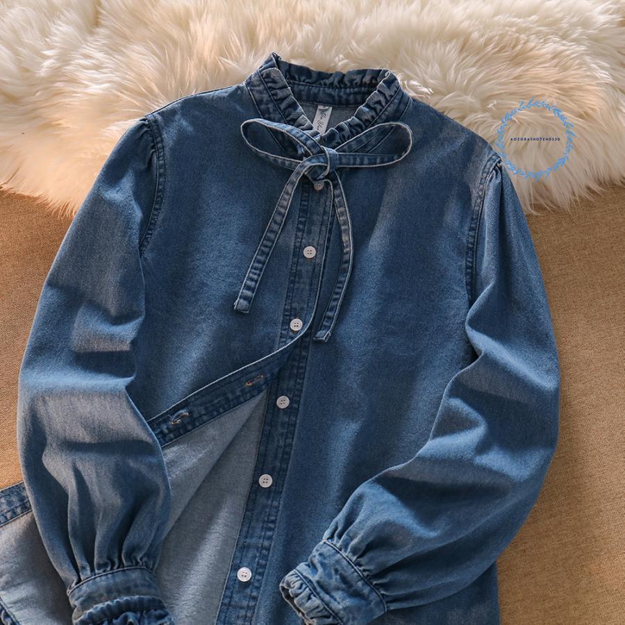 新品✨ローズバッド フリル デニムシャツ ブラウス 長袖　リボン　ボウタイ ブラウス レディース ス シャツ デニム 立ち襟 フリル リボン ボウタイ