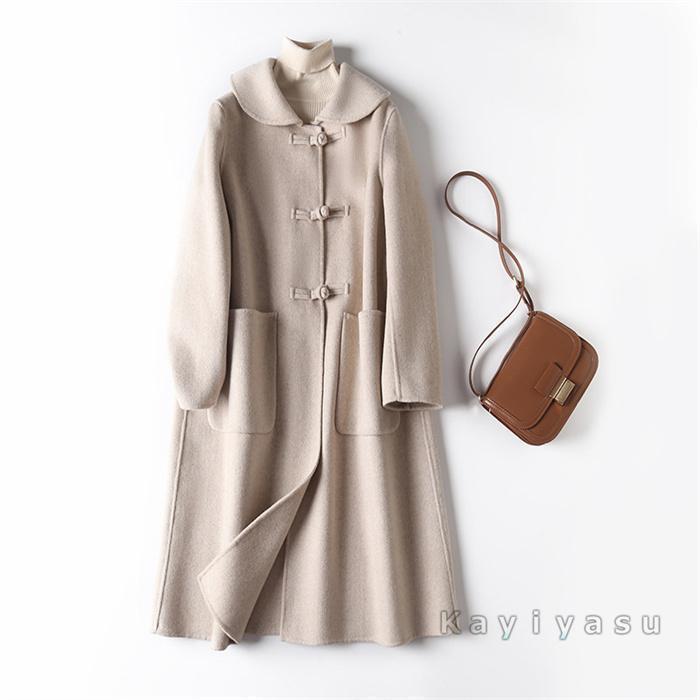 ウール100%コート レディース ステンカラーコート ダブルフェイスコート リバーコート ラシャコート チャイナーボタン 洋服 アウター 冬 通勤_3