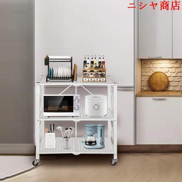メタルラック 3段 折りたたみ 収納ラック 電子レンジ棚 押入れ ホワイト 耐荷重90kg 高さ88cm 幅71cm 奥行34cm キッチン 空間活用 設置簡単_2