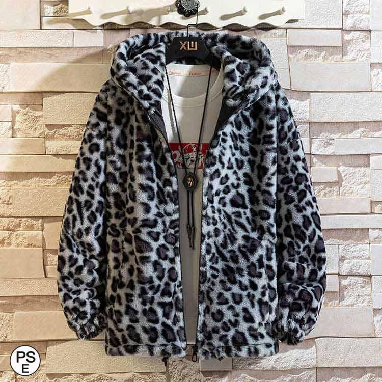 メンズ フード付き ブルゾン ムートンジャケット ヒョウ柄 メンズ