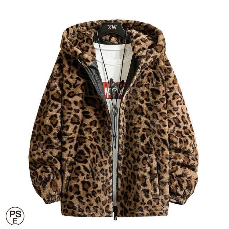 メンズ フード付き ブルゾン ムートンジャケット ヒョウ柄 メンズ