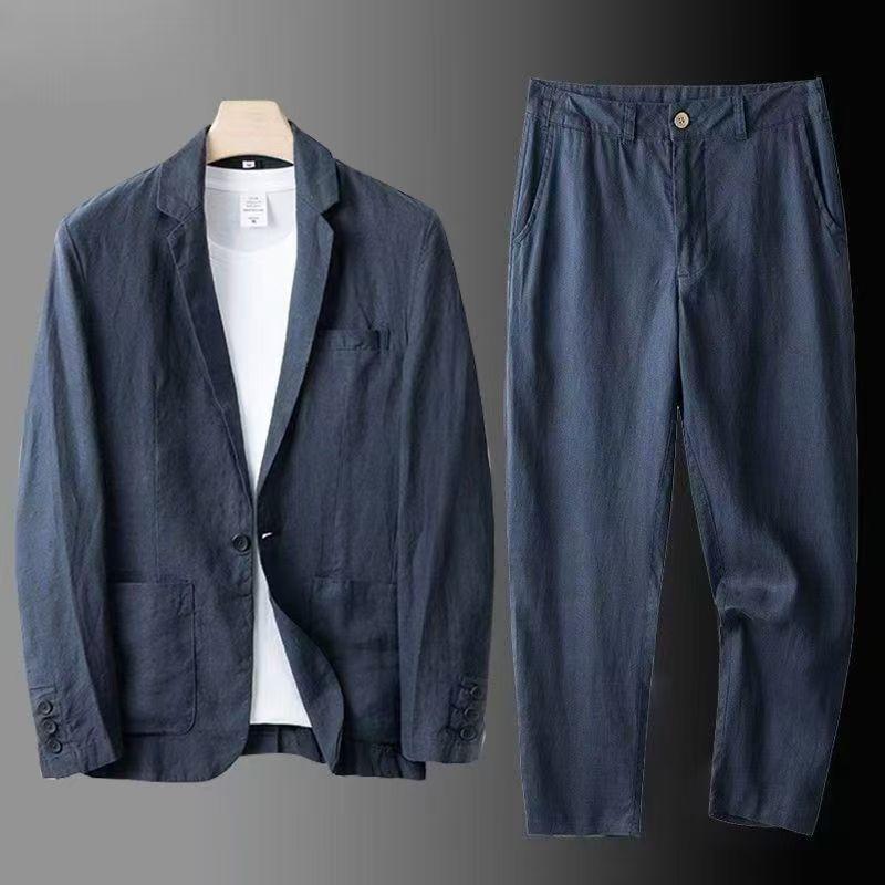 Lsize✨ユナイテッドアローズ デニム　リネン セットアップ ダブル 麻 メンズ スーツ リネン セットアップ 涼しい 麻 長袖 サマージャケット
