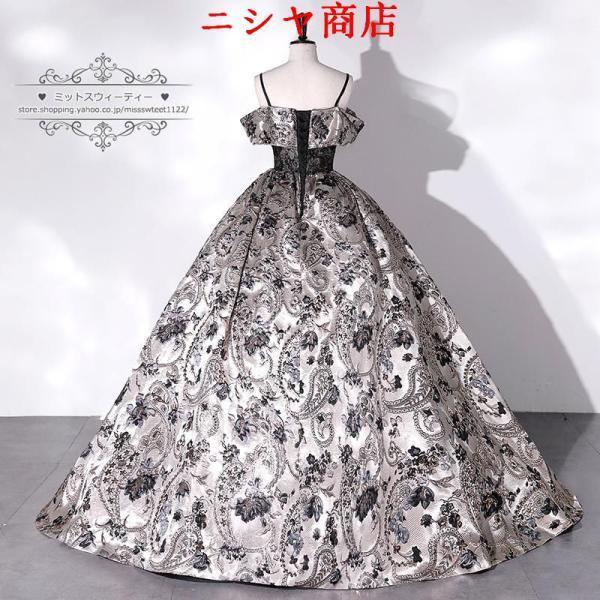 カラードレス ロングドレス 演奏会 イブニングドレス プリンセスライン ステージ 舞台衣装 発表会 コンサート 結婚式 前撮り 大人 花柄 ブロンズ色 バロック風_3