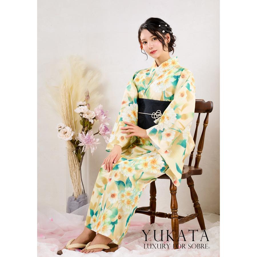 水彩花重ね柄浴衣5点セット 作り帯 下駄 腰紐 レトロ 華やか 大人