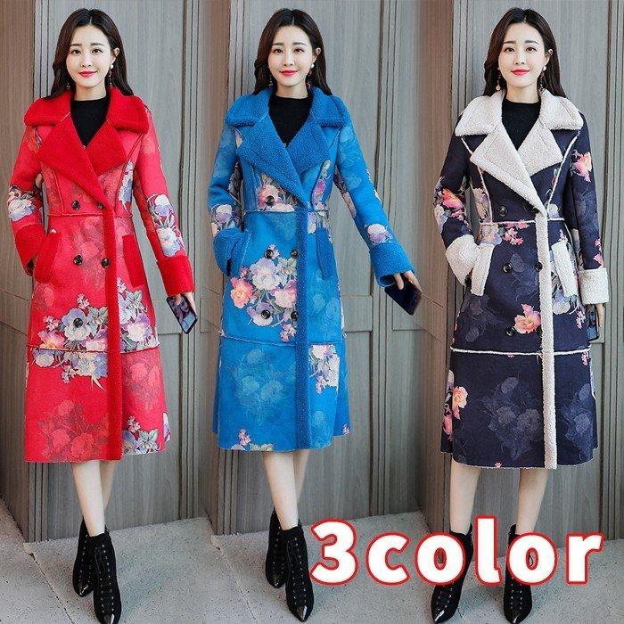 新しいブランド 女性用 花柄 オーバーコート アウター 秋冬服 防寒着 裏ボア フェイクムートン 毛皮コート ムートンコート ロングコート レディース チェスターコート 裏起毛 ジャケット ロング丈 フェイクムートンコート コート アウター