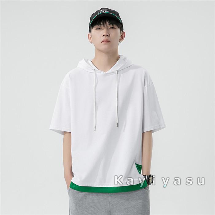 パーカー メンズ レイヤード風 重ね着 夏 半袖 ゆったり Tシャツ カットソー 薄手 フード付き ティーシャツ トップス カジュアル カッコイイ おしゃれ 新素材新作