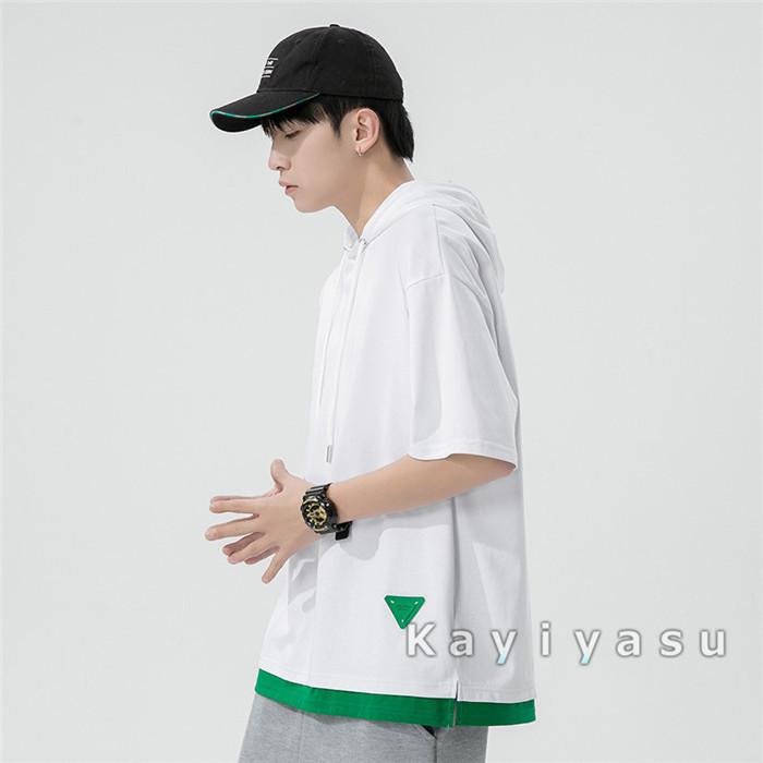 パーカー メンズ レイヤード風 重ね着 夏 半袖 ゆったり Tシャツ カットソー 薄手 フード付き ティーシャツ トップス カジュアル カッコイイ おしゃれ 新素材新作