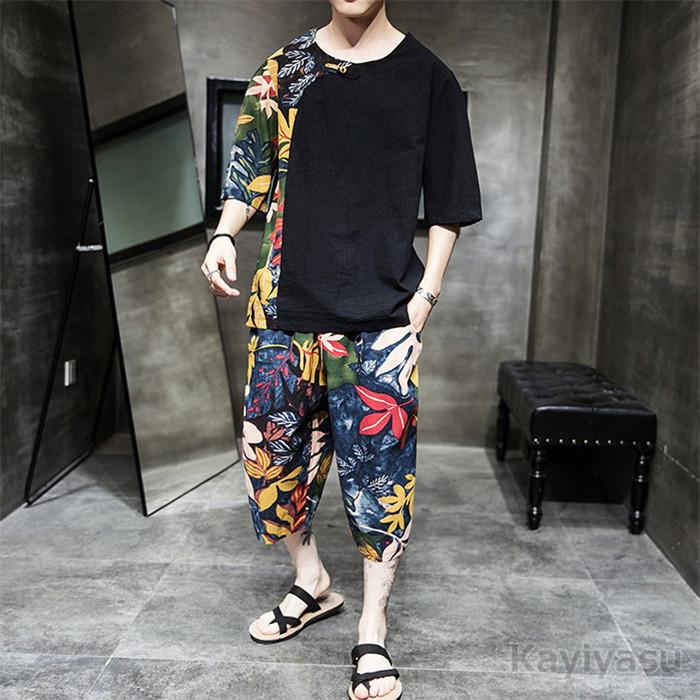 甚平風セットアップ メンズ 半袖 トップス 5分丈 クロップドパンツ 夏服 和風 Tシャツ サマーティーシャツ オシャレ 五分袖 かっこいい 祭り 丸首 ゆったり 052 Qtds 4015 Tz15p60 Inotenka Yahoo 店 通販 Yahoo ショッピング