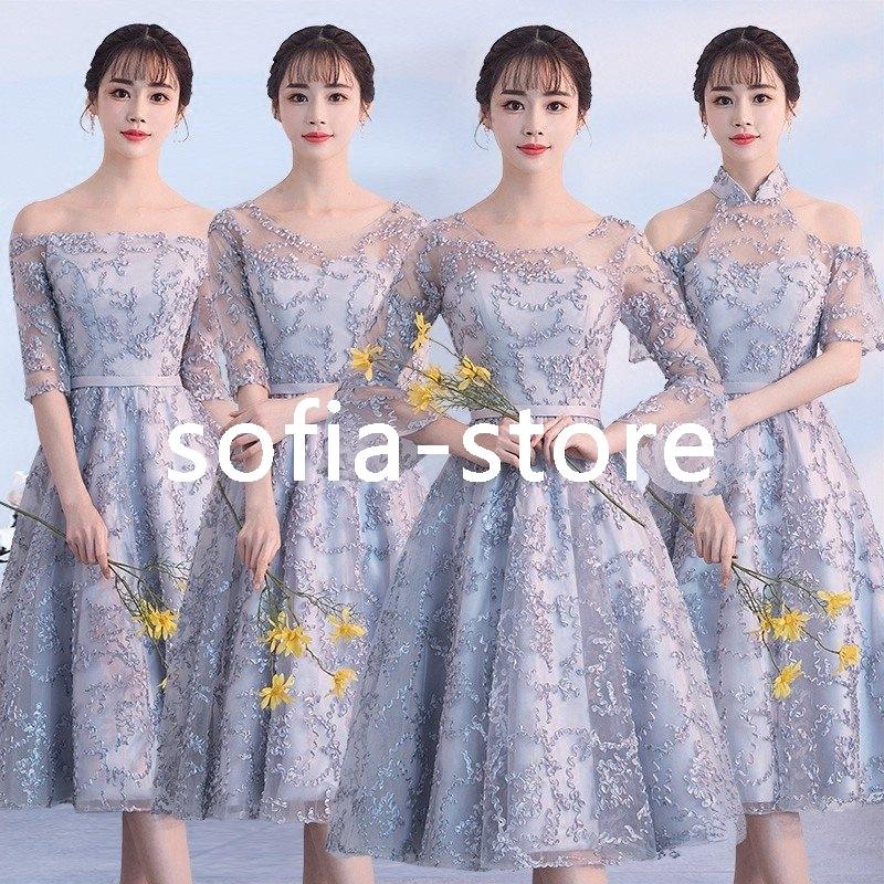 花嫁 ブライズメイドドレス 結婚式 二次会 パーティーワンピース カクテルドレス ミモレ グレー 披露宴 フォーマル お呼ばれ