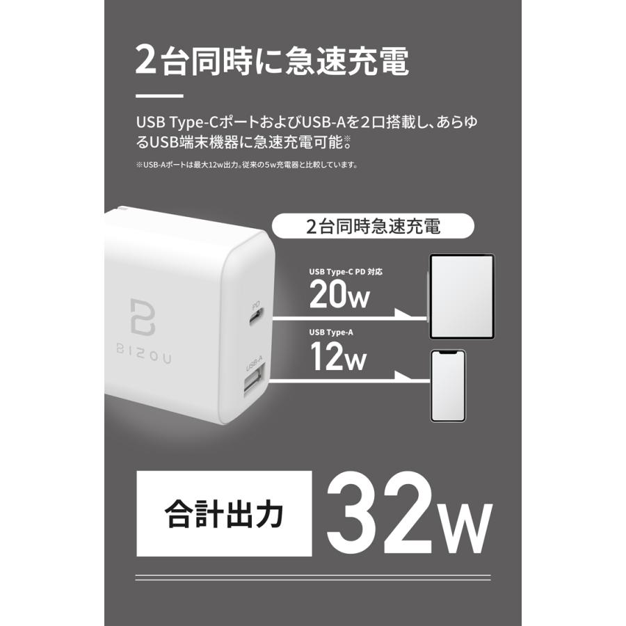 ACアダプター BIZOU 2ポート PD20W+12W BASIC 急速充電 USB-C＋USB-Aポート 折り畳み式プラグ 1年保証 最大32W BZ-AC03 送料無料 充電器 iPhone Android iPad | iPad | 02