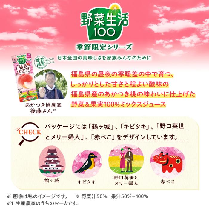 KAGOME 野菜生活100 果物ミックス 4種類　24本ずつ　計96本 カゴメ 野菜生活100 福島あかつき桃ミックス 195ml 紙パック 24本入