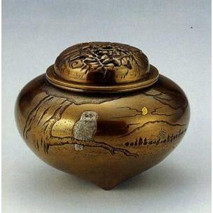 高岡銅器 香炉【平型フクロウ象嵌】伝統美術工芸品
