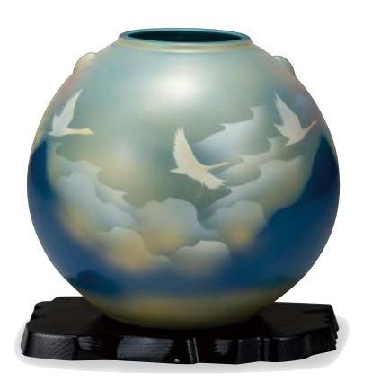 九谷焼 7号花瓶・雲海鶴（台付） 縁起の置物 花立 花台 逸品・鮮やかな