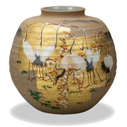 九谷焼 7号花瓶・金箔群鶴 縁起の置物 花立 花台 逸品・鮮やかな色