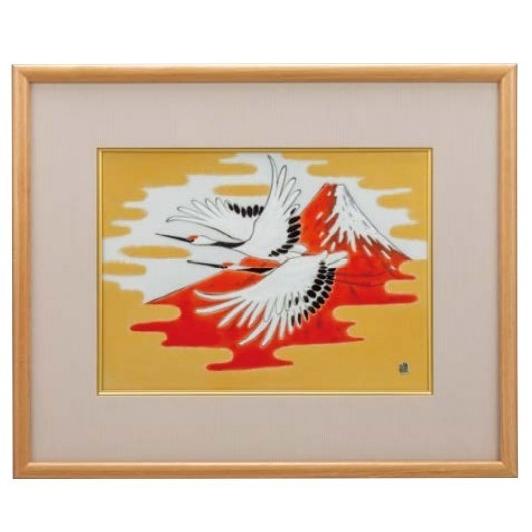 九谷焼　陶額・金雲二羽鶴 福田良則 縁起の置物　逸品・鮮やかな色