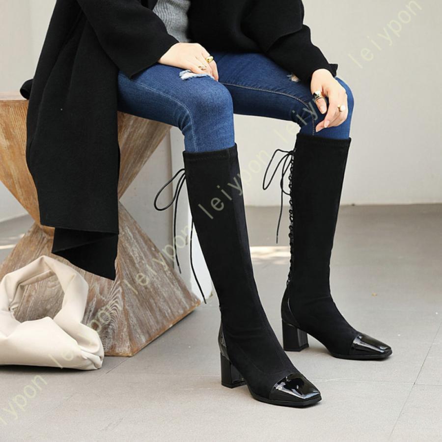 ブーツ チャンキーヒール スウェード 太ヒール ストレッチ ロング