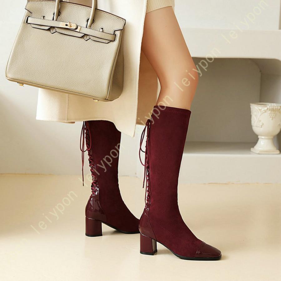 ブーツ チャンキーヒール スウェード 太ヒール ストレッチ ロング