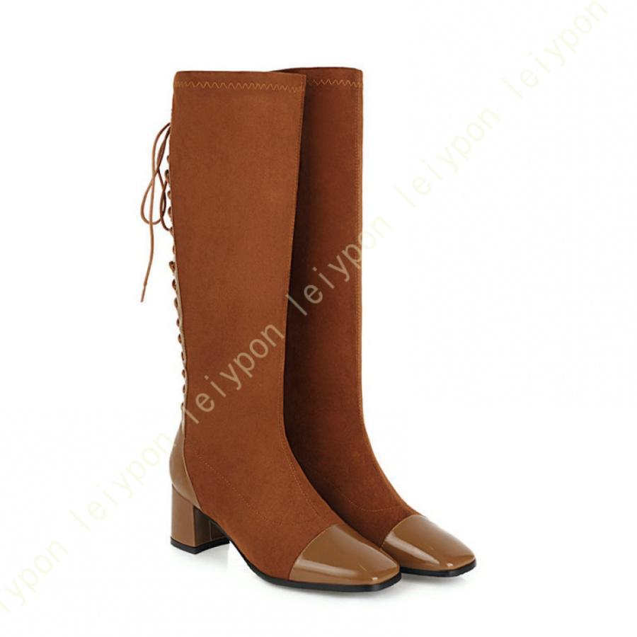 ブーツ チャンキーヒール スウェード 太ヒール ストレッチ ロング