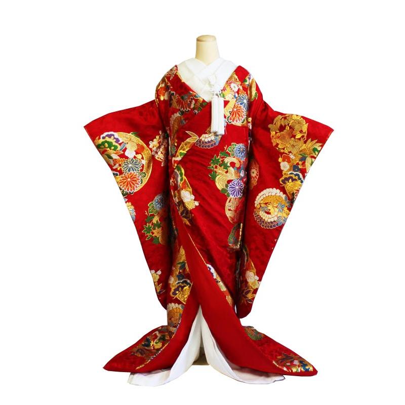 レンタル／２着目プラン／色打掛レンタル／赤地瑞花彩祥丸紋／鮮やかなな赤地　地模様に高級感／レンタル着物／レンタル色打掛_2