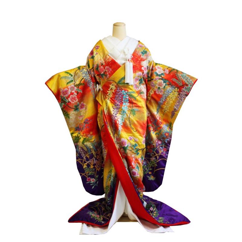 色打掛レンタル／おまかせフルセット／相良刺繍赤モヤ紫花の園／朱色地に黄色のモヤがかかった地色が印象的／レンタル花嫁和装_2