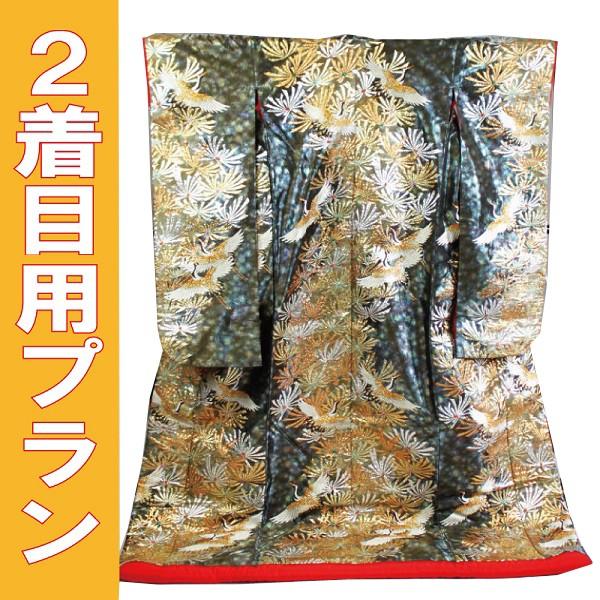 レンタル／２着目プラン／色打掛レンタル／グレー地鶴寿慶賀文／個性的な色打掛です。洋髪にも／レンタル着物／花嫁和装