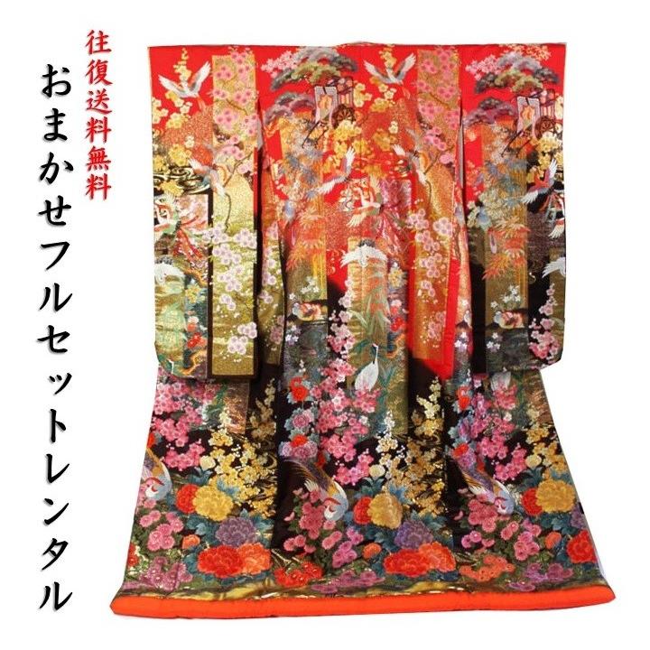 色打掛レンタル／おまかせフルセット／赤地　花鳥几帳文様／鮮やか朱赤地の華やかな四季草花と吉祥鳥図。花嫁らしい色打掛