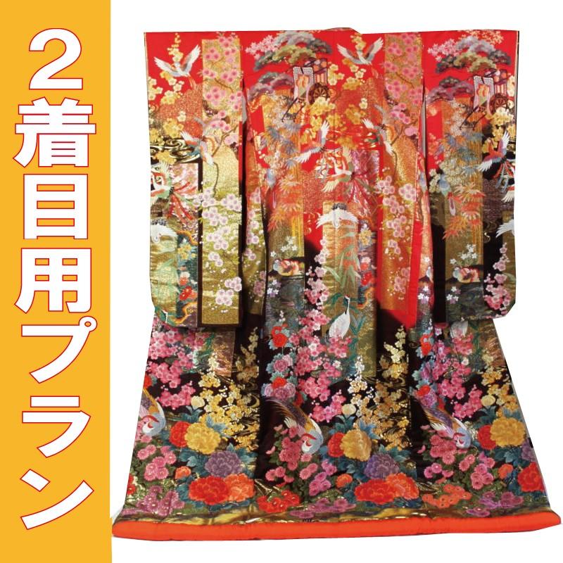 レンタル／２着目プラン／色打掛レンタル／赤地　花鳥几帳文様／鮮やか朱赤地の華やかな四季草花と吉祥鳥図／レンタル色打掛／花嫁和装