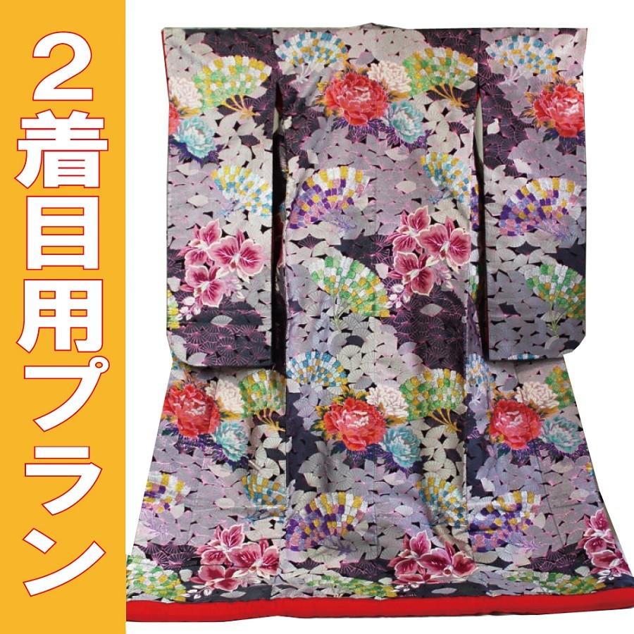 レンタル／２着目プラン／レンタル色打掛／グレー扇華蘭花／個性的なグレーの地色に光沢のある赤紫糸の印象的な色打掛／花嫁和装