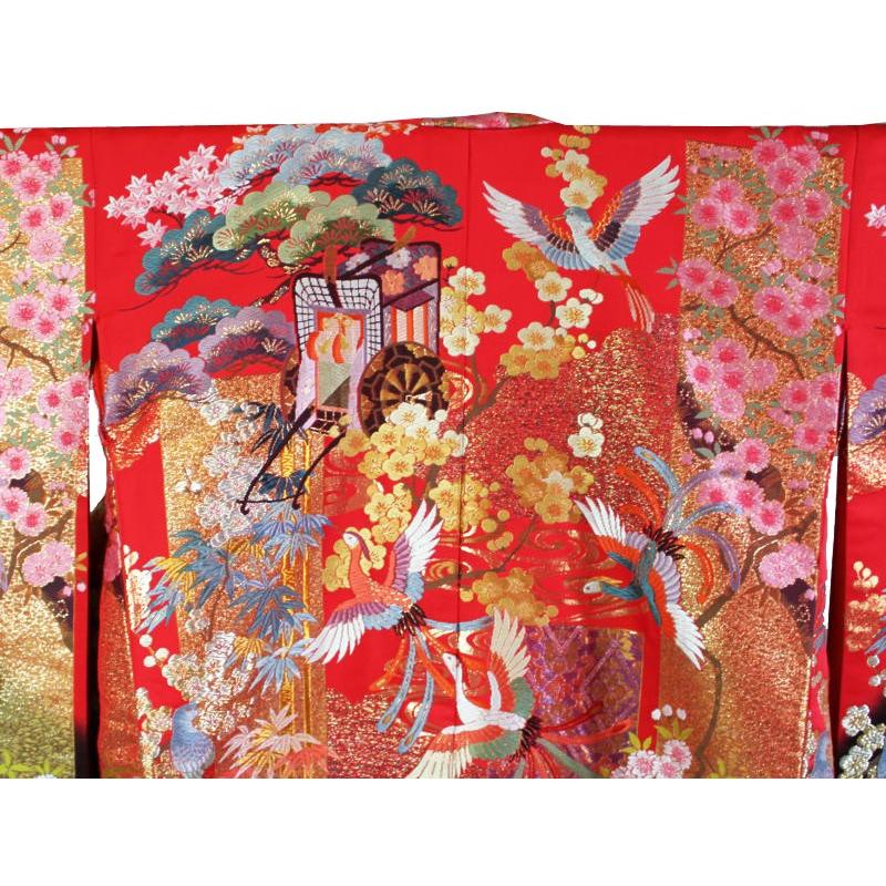 レンタル／紋付　色打掛　おまかせフルセットレンタル／花鳥几帳文様／鮮やか朱赤地の華やかな四季草花と吉祥鳥図／レンタル色打掛_2