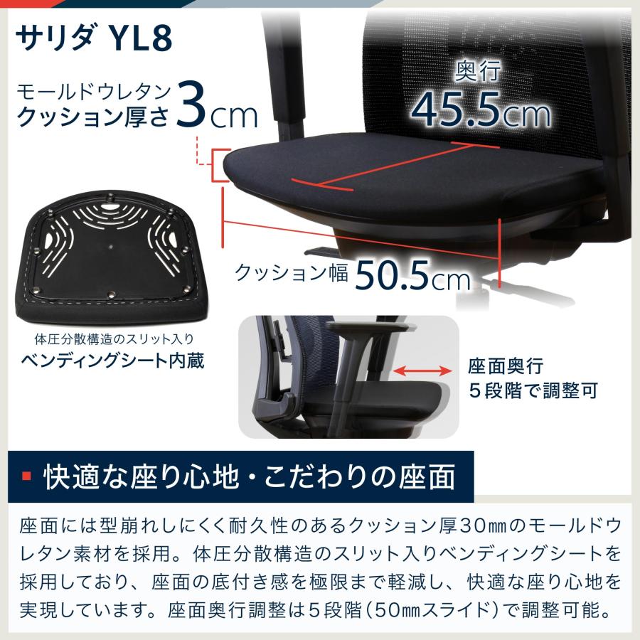 イトーキ サリダ YL8 オフィスチェア 全身を支えるハイバック 通気性に優れたメッシュ形状 高機能ヘッドレスト こだわりの座面 [2000円クーポン4/25-5/19]｜soho-st｜08