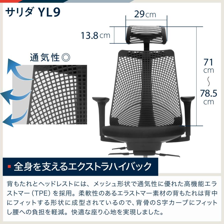 イトーキ サリダ YL9 オフィスチェア 全身を支えるハイバック 通気性に優れたメッシュ形状 高機能ヘッドレスト こだわりの座面｜soho-st｜07