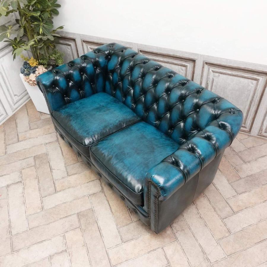 アンティーク ソファー 革 ブルー チェスターフィールドソファ