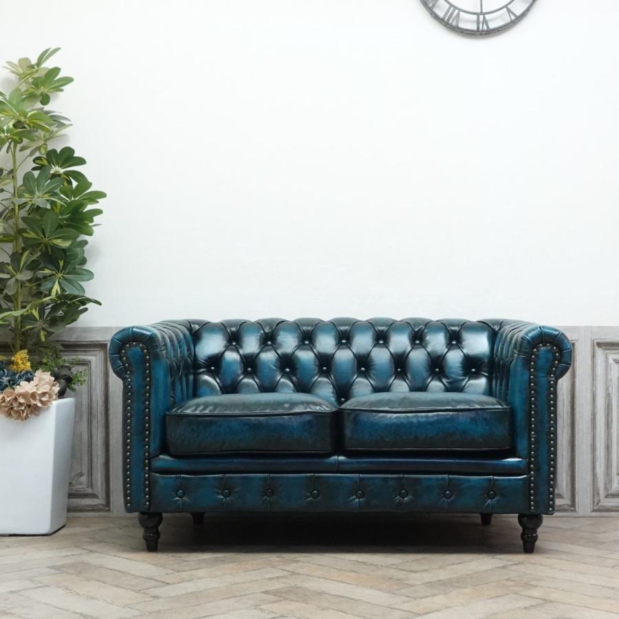 アンティークソファー アンティーク ソファー 革 ブルー チェスターフィールドソファ