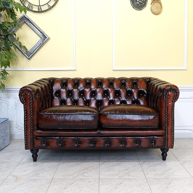 ☆ヴィンテージ品　英国チェスターフィールド本革ダブルソファ☆ チェスターフィールドソファ 2人掛け 2P 二人 アンティーク