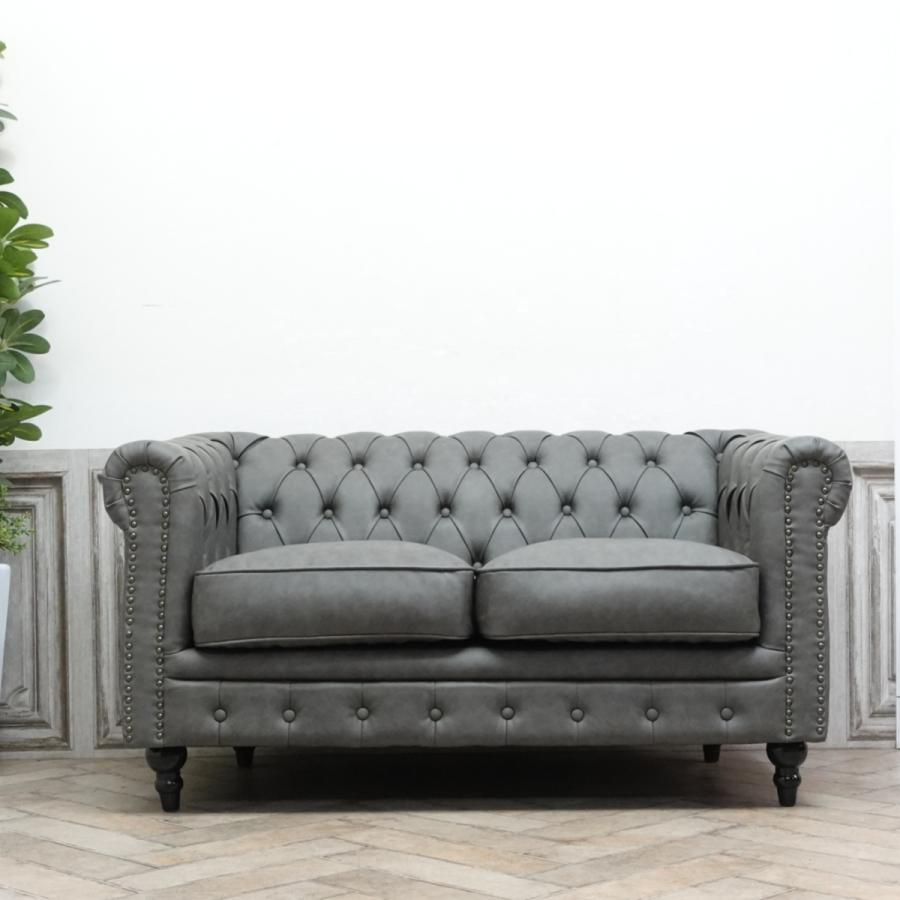 グレー フェイクレザー 2人掛けソファ