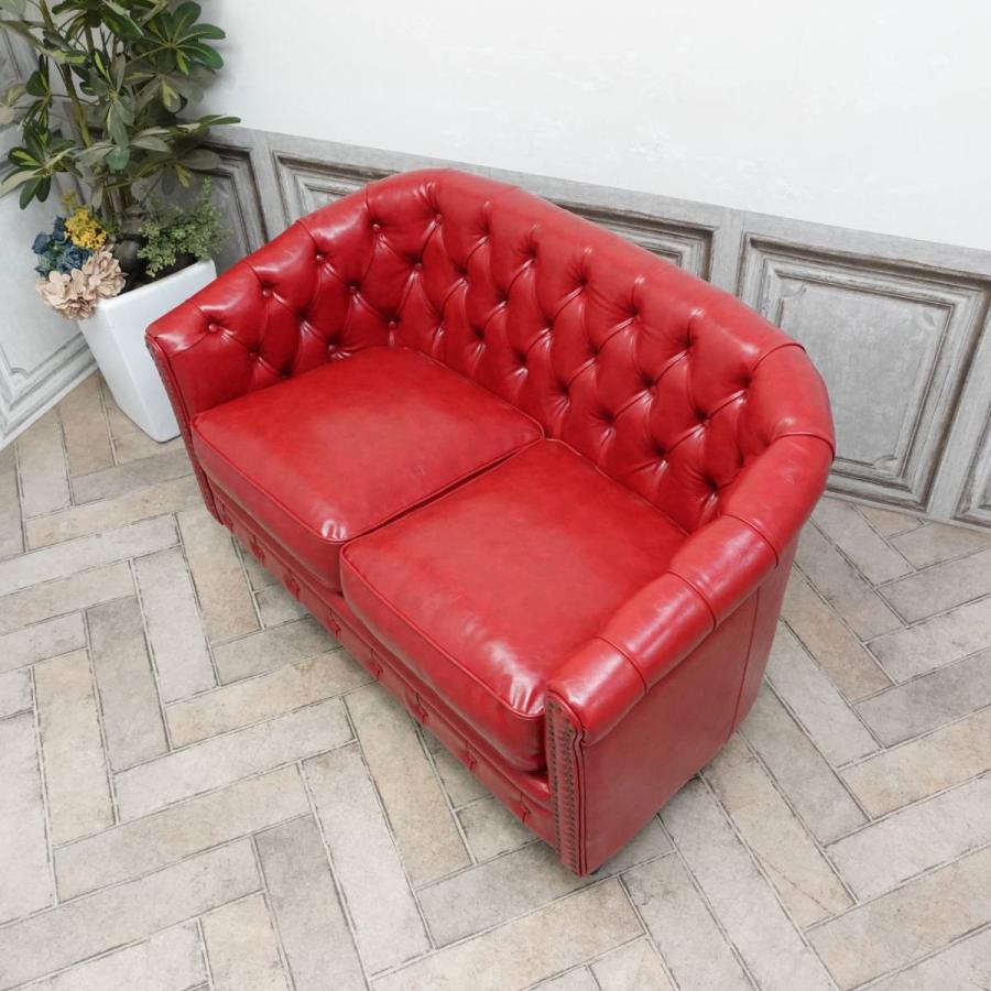 K*i様 チェスターフィールド★２人掛けソファ★本革★ チェスターフィールドソファ 二人掛け レッドフェイクレザー