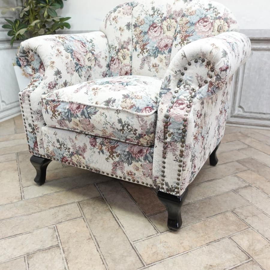 【美品】新象 シングルソファ 1P アンティーク 花柄　グレー　レトロ　ソファ アンティーク ソファ シェルファ 一人掛け 1P シングル ソファー