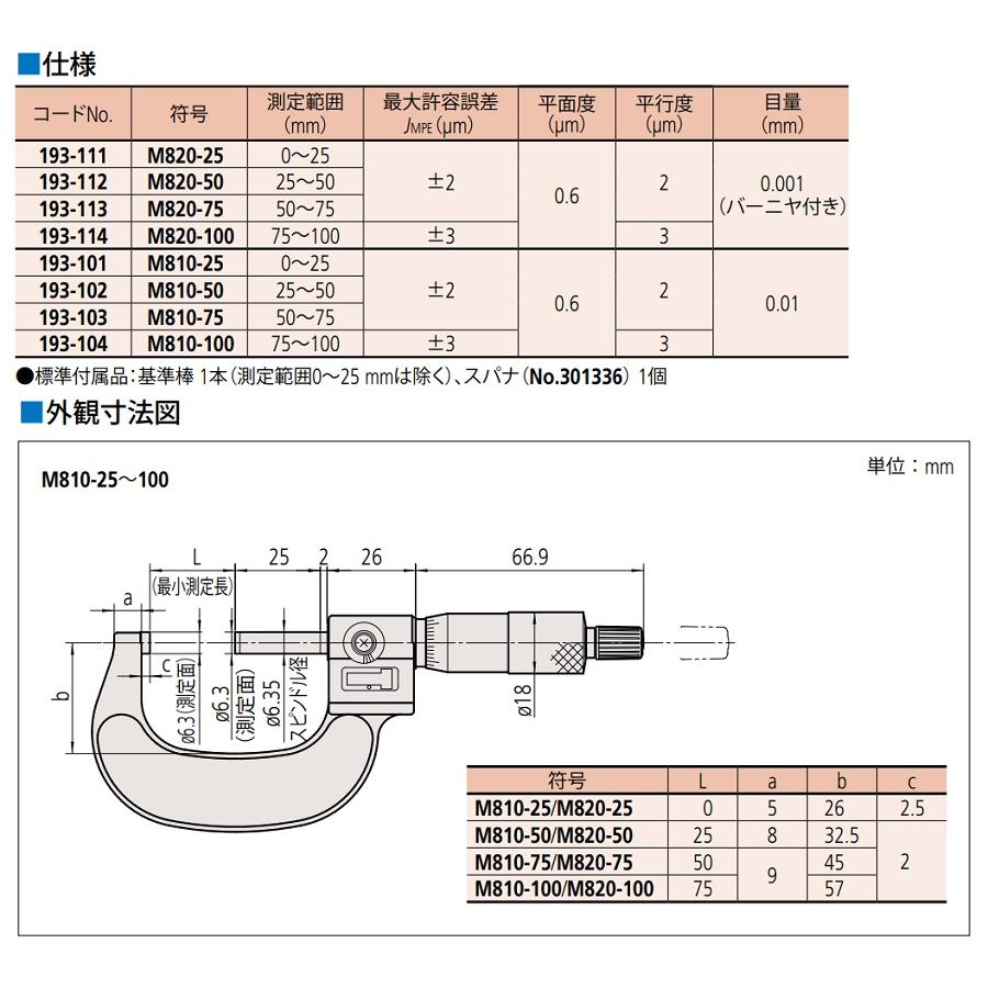 ミツトヨ　M820-75　50〜75mm　0.001mm（バーニヤ付）カウント外側マイクロメータ M800　193-113　正規代理店｜sokuteikoubou-2｜02
