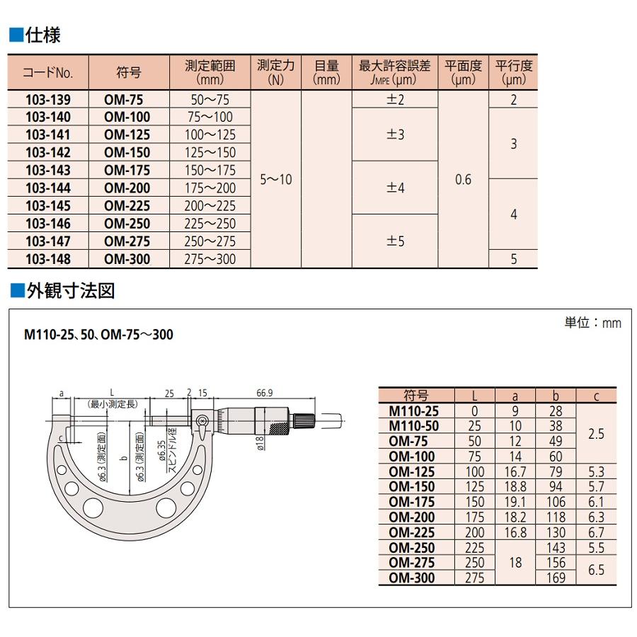 ミツトヨ（Mitutoyo） OM-175 150〜175mm 0.01mm 標準外側マイクロ 