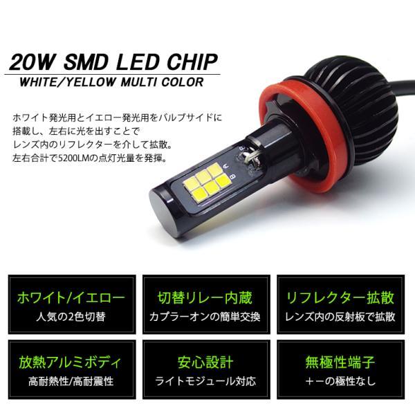 E52系 前期/後期 エルグランド ハイウェイスター含む LED フォグランプ H8/H11 20W 5200LM サイド発光 リフレクター拡散 2色切替 ホワイト/イエロー｜solae-shop｜06