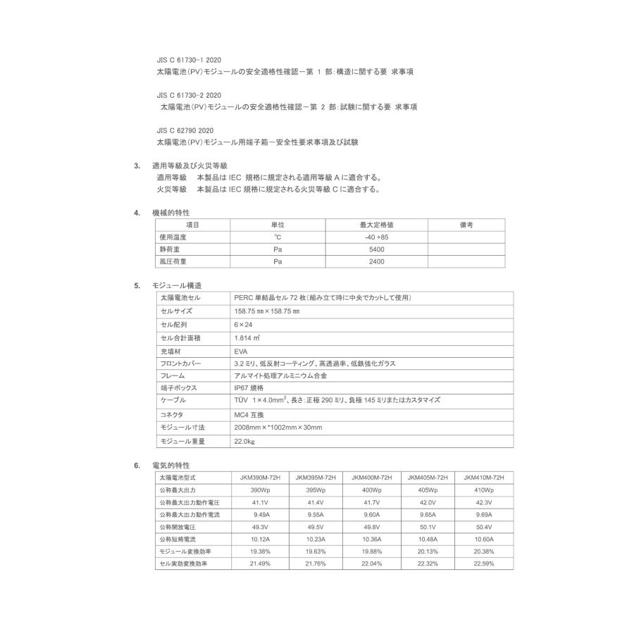 ソーラーパネル ジンコ 単結晶405W JKM405M-72H 厚み30mm 22.0kg PERC