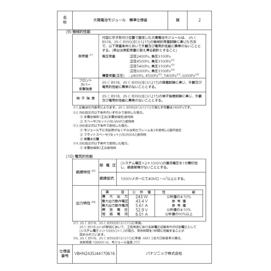 Panasonic（パナソニック） ソーラーパネル 単結晶243W VBHN243SJ44