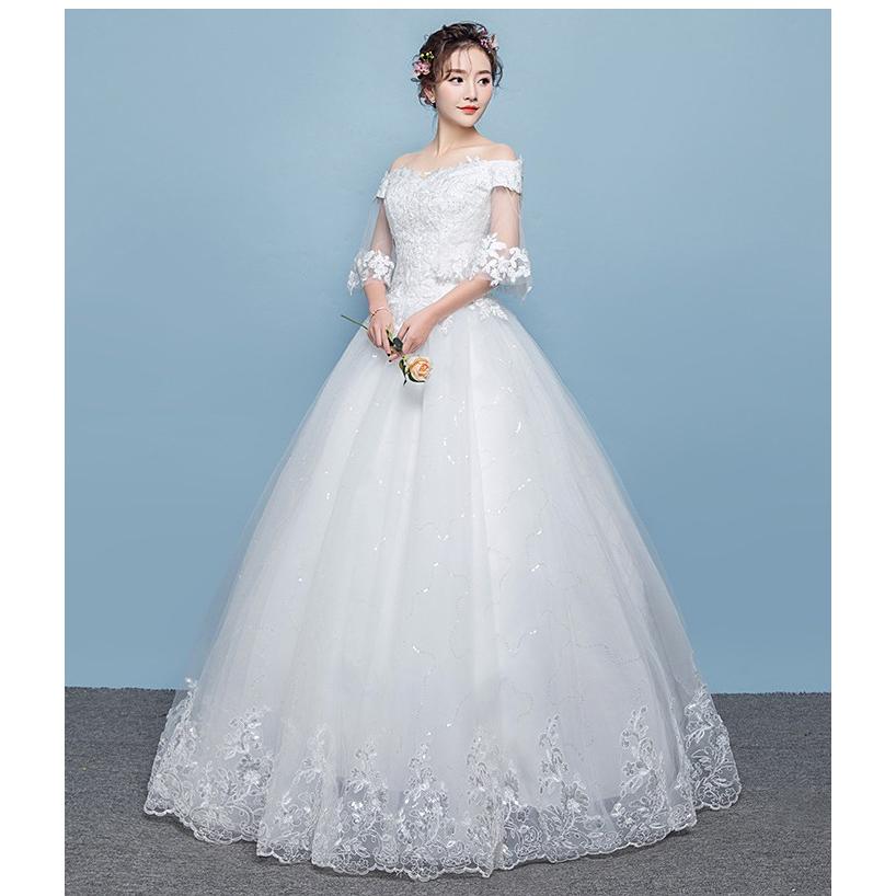 ウエディングドレス エンパイア 花嫁 結婚式 袖有り エンパイアライン ブライダル オフショルダー ベアトップ プリンセスライン 五分袖 編み上げ Hs h Solas 通販 Yahoo ショッピング