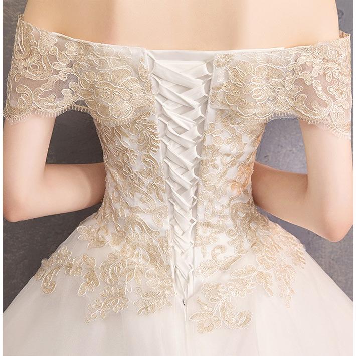 ウエディングドレス トレーン 袖あり 結婚式 二次会 エンパイアドレス ブライダルドレス 編み上げ レースアップ 花嫁ドレス レース 刺繍 ベアトップ Hs h Solas 通販 Yahoo ショッピング