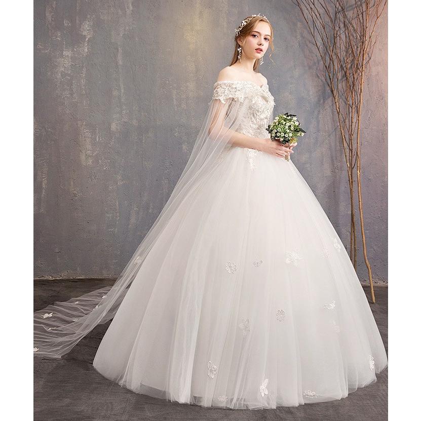 ウエディングドレス ロング 花嫁 ブライダル ベアトップ オフショルダー チュール レース 刺繍 編み上げ レースアップ マント付き 花飾り Aライン Hs z Solas 通販 Yahoo ショッピング