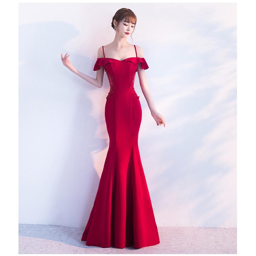 21年秋冬新作 韓国版は薄くてエレガントなワインレッドの結婚式のイブニングドレスの女性の宴会で ロングワンピース Williamsav Com