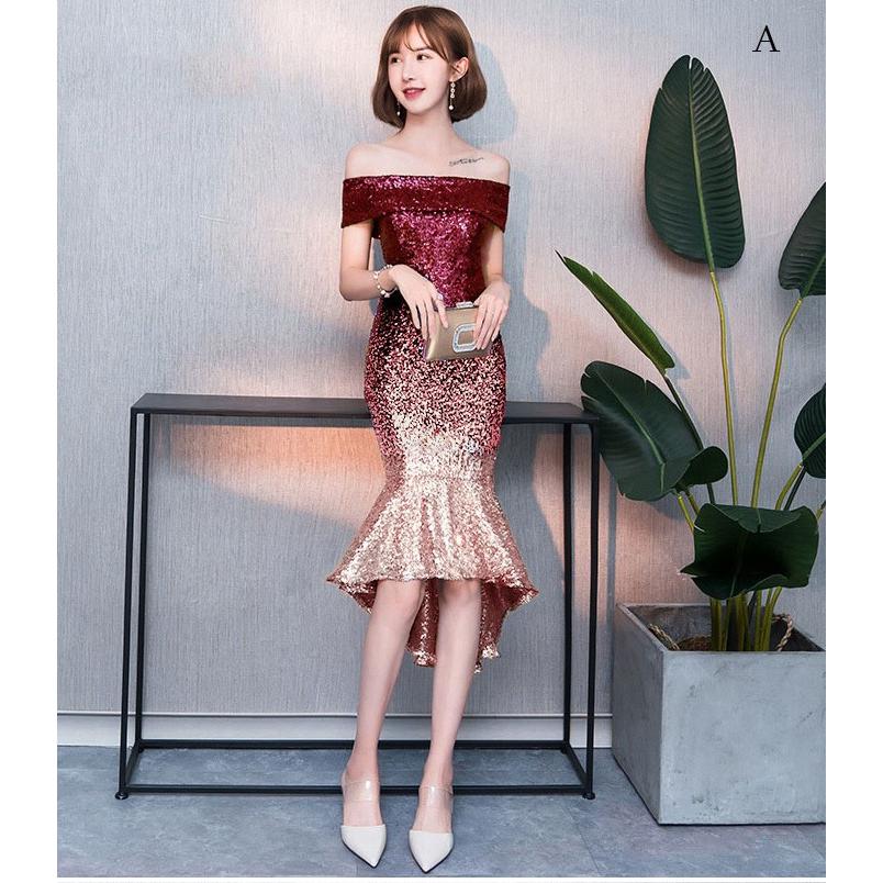 パーティードレス ミディアム丈 マーメイド イブニングドレス ミモレ丈 ノースリーブ セクシー 大人 グラデーション スパンコール オフ